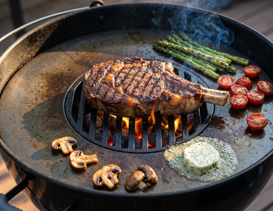Bone-in ribeye searing on the Arteflame center grill grate, with asparagus, cherry tomatoes, mushrooms and garlic butter on the carbon-steel griddle ring
